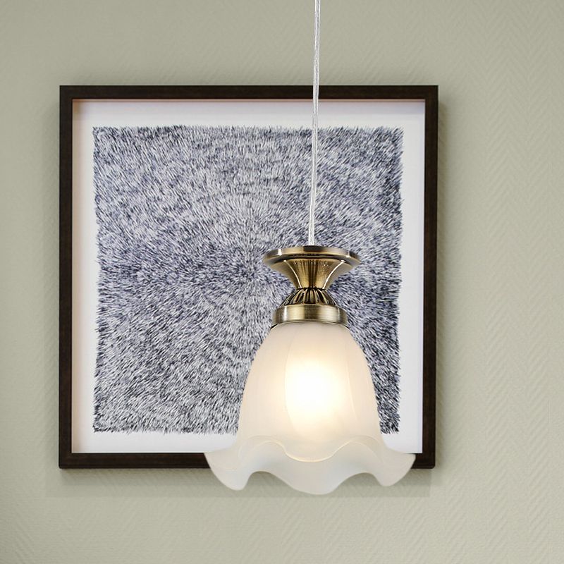 White Glass Scalloped Hanging Lamp Vintage 1-Bulb Living Room Suspension Pendant in Copper/Bronze