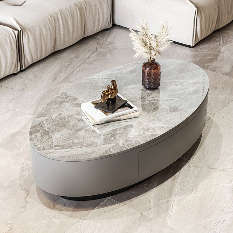 Glam 13.7" H Oval Slate Coffee Table Iron Drum Cocktail Table with Drawer