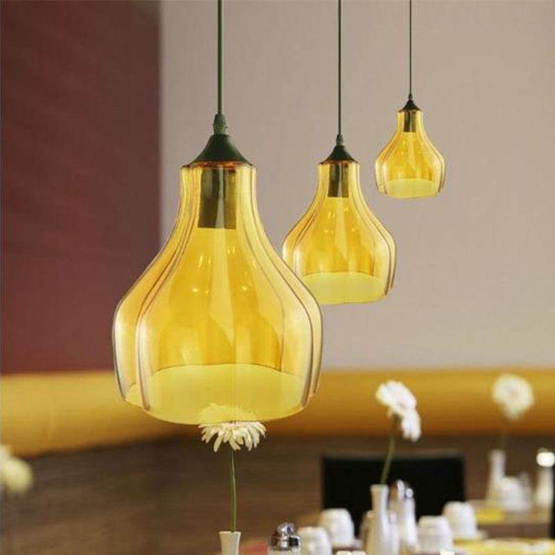 Yellow/Green/Clear Glass Gourd Suspension Pendant Contemporary 1 Light Black Hanging Lamp for Restaurant