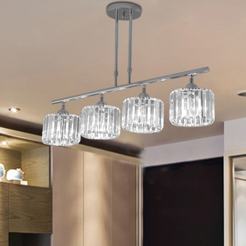 Chrome Drum Island Chandelier Light Contemporary Crystal 3/4 Bulbs Pendant Light Fixture for Bedroom
