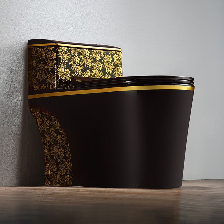 Modern Elongated Toilet Bowl Black and Golden Flush Toilet With Seat for Bathroom