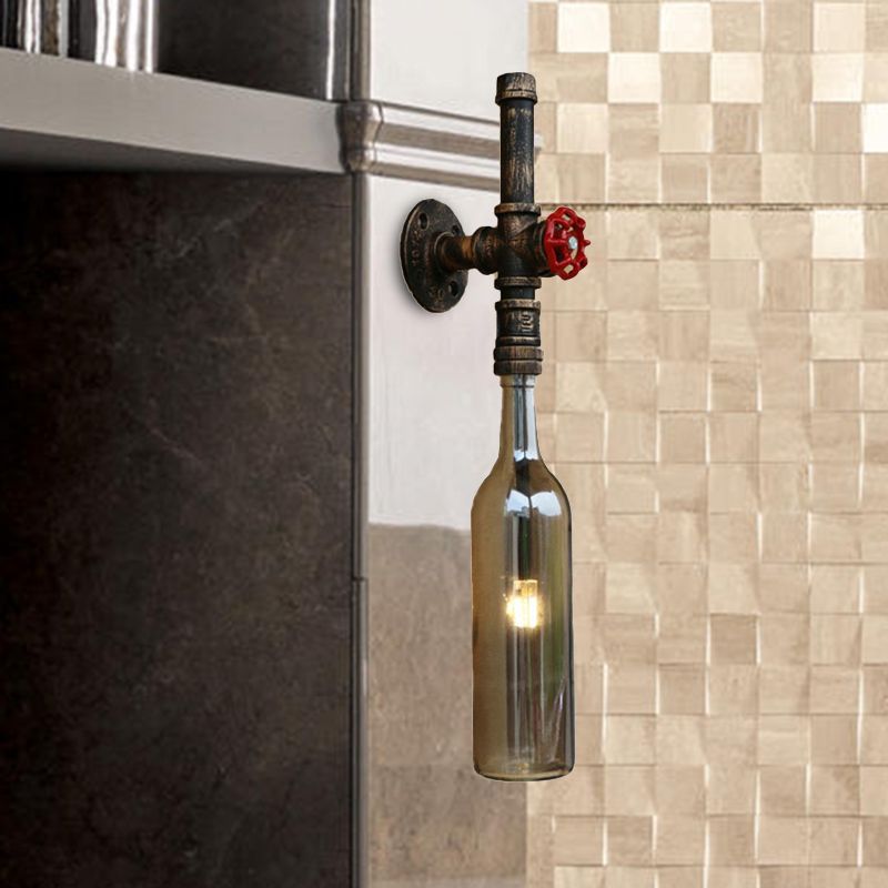 Glass Wine Bottle Wall Lighting Rustic Industrial 1 Light Restaurant Blue/Clear Wall Sconce Light with Red Valve