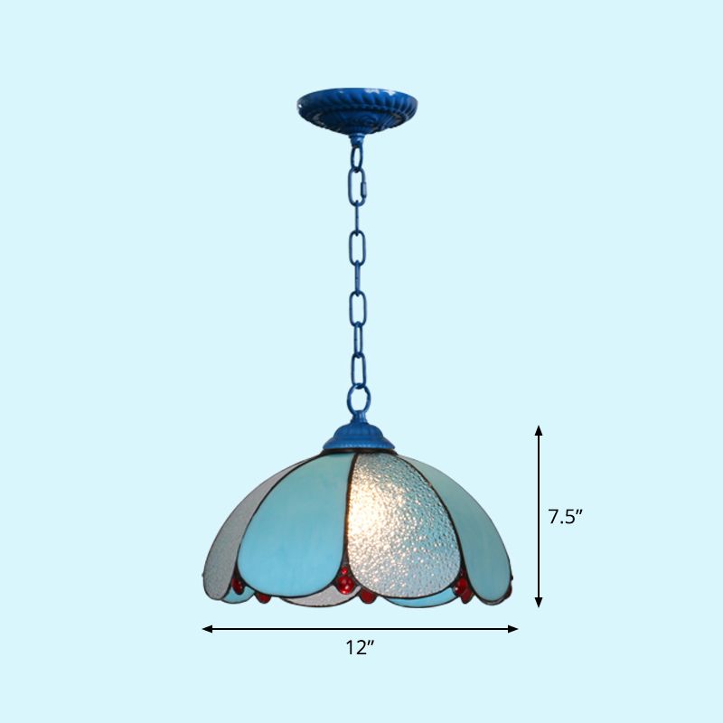 Mediterranean Dome Pendant Lighting Fixture Single Hand-Crafted Glass Hanging Light for Restaurant