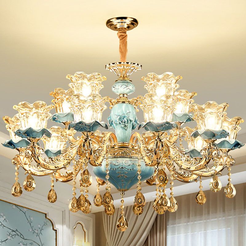 Floral Blown Clear Glass Chandelier Lamp Minimalist Gold Suspension Pendant Light for Living Room