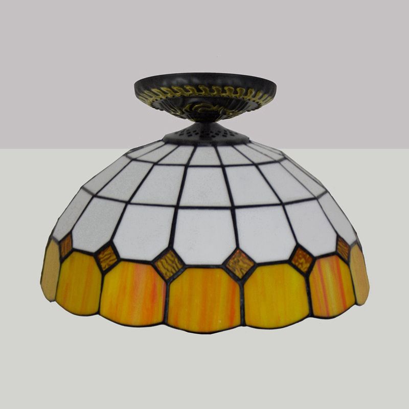 Tiffany Grid Patterned Flush Mount Light 1 Bulb Handcrafted Stained Glass LED Close to Ceiling Lamp in Blue/Orange/Green