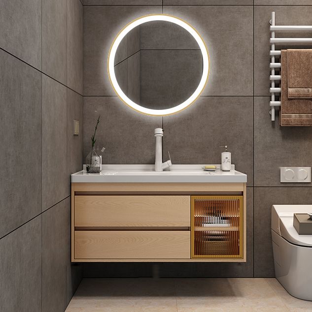 Wall Mount Vanity Mirror Single Sink Rectangle Door Wood Vanity with Drawers