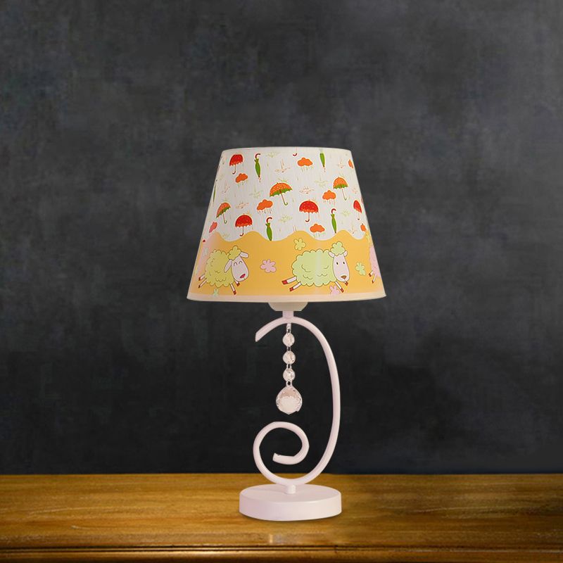 Barrel Bedroom Table Light Fabric 1 Bulb Cartoon Night Lamp in White with Crystal Drop and Sheep/Loving Heart/Elephant Pattern