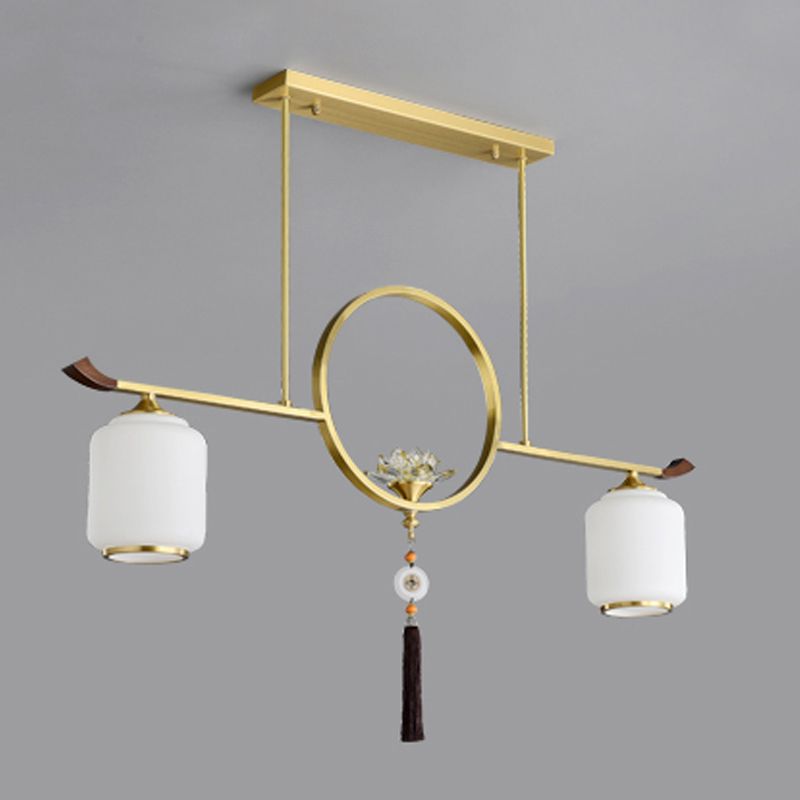 Modern Style Cylindrical Shape Island Lights White Glass 2-light Island Lighting in Gold