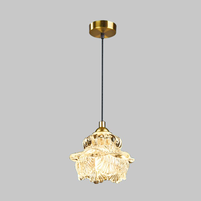 1 Light Pendant Light Kit Rural Petal Clear Glass Suspension Lighting Fixture for Bedroom