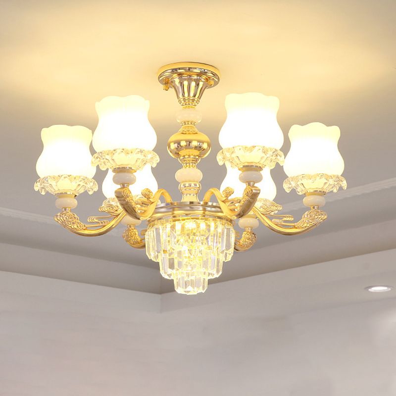 Gold Chandelier Light Retro Opal Glass Bud Pendant Light Fixture with Tiered Crystal Decor