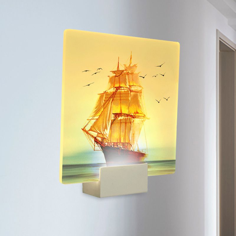 White Square Wall Mural Light Oriental Style LED Acrylic Sailing Boat and Sea Wall Lamp