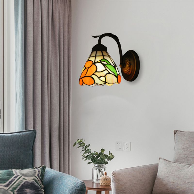 Rustic Tiffany Blossom Wall Light with Bird Stained Glass 1 Head Orange Wall Lamp for Dining Room