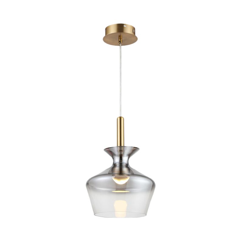 Cup Shaped Ceiling Light Post Modern Smoke Gray Glass LED Restaurant Pendant Lamp in Brass