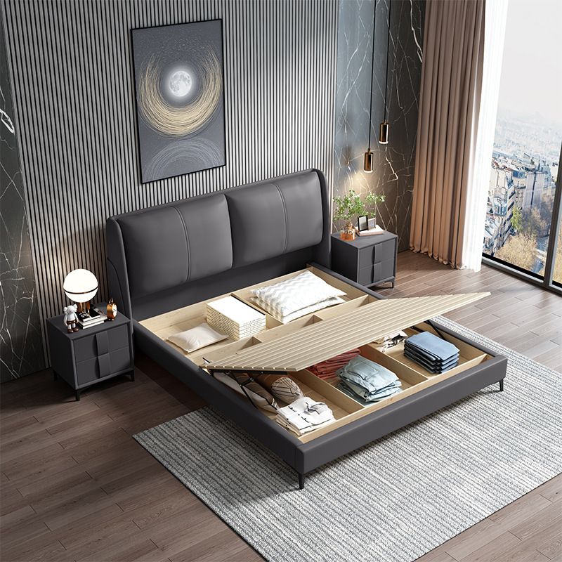 Grey Pine Wood Panel Bed Leather Bed Frame with Upholstered Headboard