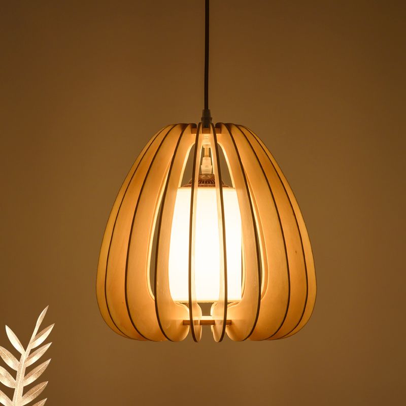 Beige Birne Hanging Lampe zeitgenössische 1 Kopfholzdecke Anhänger Licht für das Restaurant