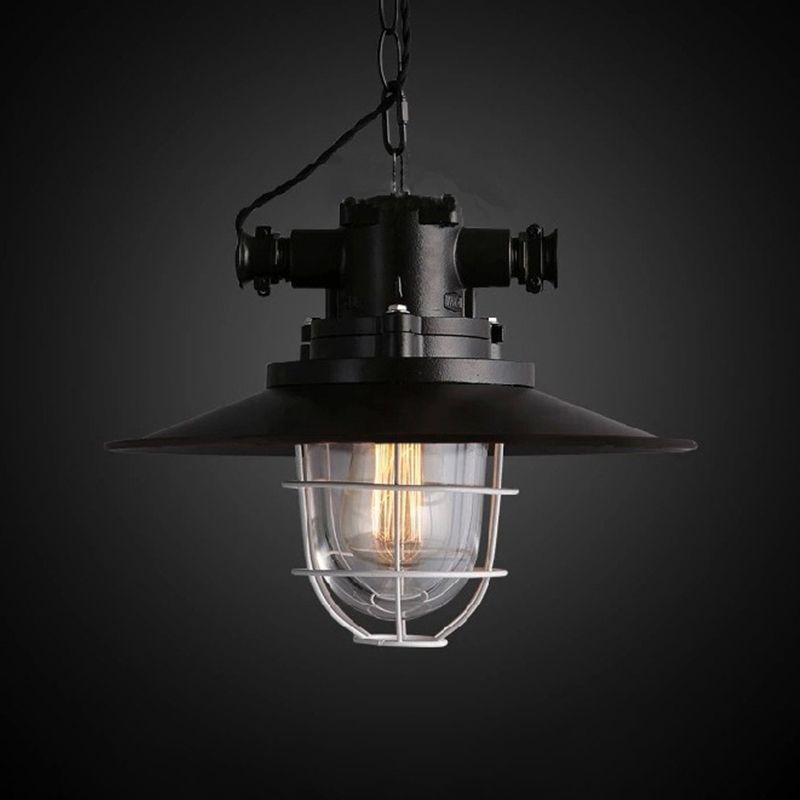 Black 1-Light Pendant Light Kit Factory Metal Saucer Hanging Lamp with White Wire Cage and Glass Shade Inside