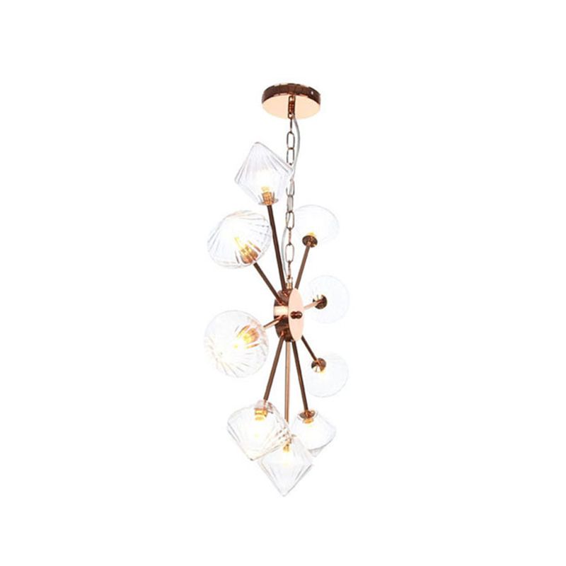 Diamond Shade Hanging Lighting Industrial Amber/Clear Glass 6/9/12 Heads Living Room Chandelier Lamp in Black/Brass/Copper