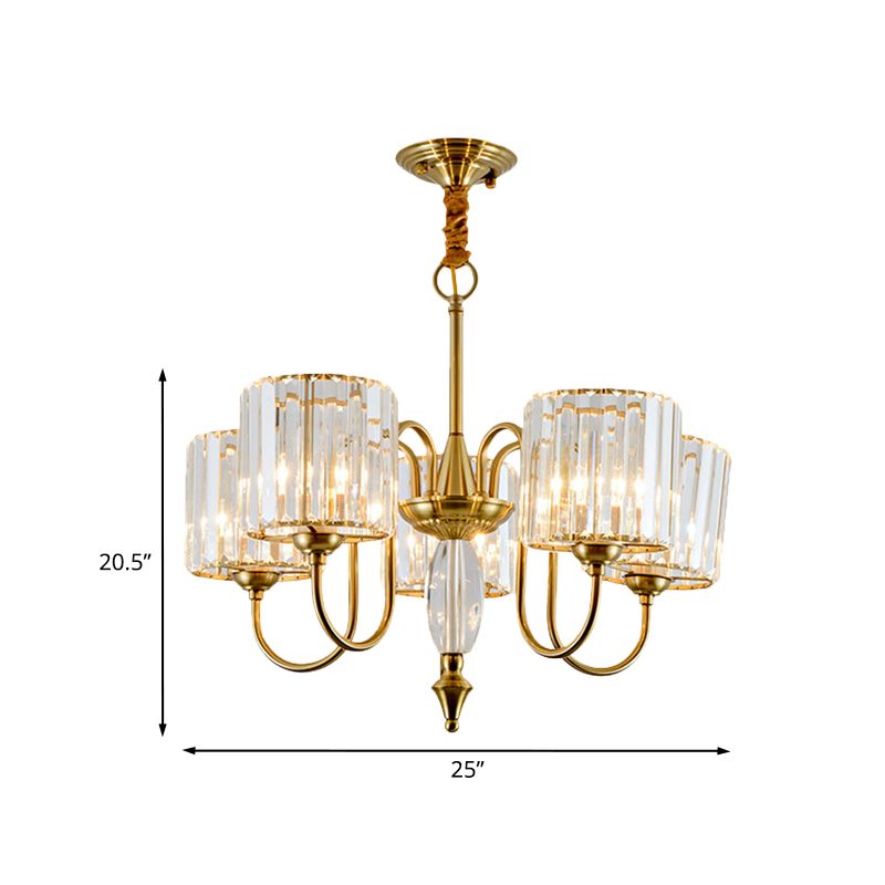 5 Lampen -Pendellicht mit Drum Shade Crystal Block Modernismus Esszimmer Deckenkraut in Gold