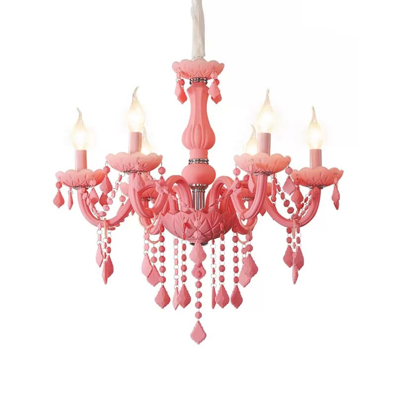 Macaron Stylish Suspension Light with Crystal Deco Candle 6 Lights Metal Chandelier for Teen