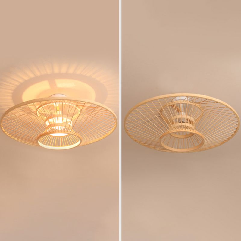 Round Shape Ceiling Lamp Asian Style Rattan 1 Light Flush Mount for Living Room