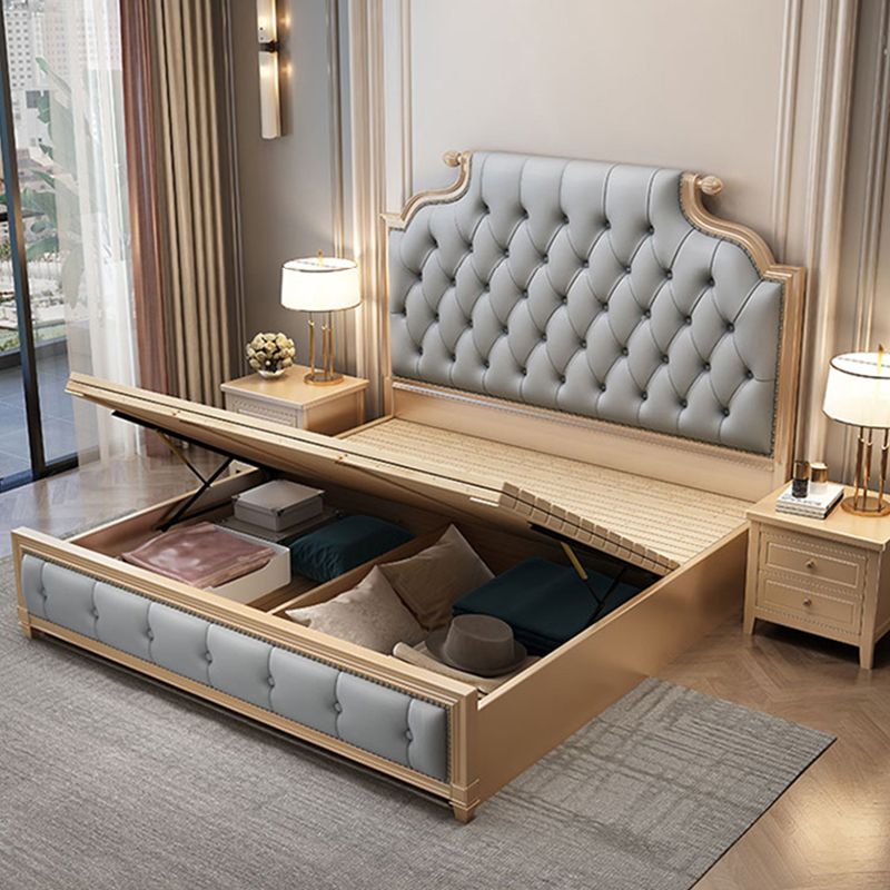 Glam wood Bed Frame Tufted Faux Leather Standard Bed with Headboard