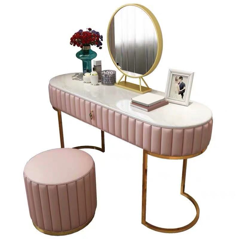 1-Drawer Makeup Vanity Table with Mirror & Stool Luxurious Stone/Leather Dresser