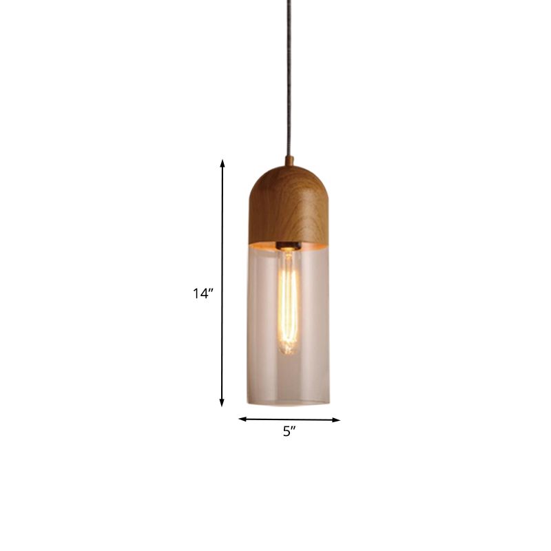 Half Capsule Ceiling Light Modern Clear Glass 1 Head Wood Pendant Lamp Fixture for Bedroom