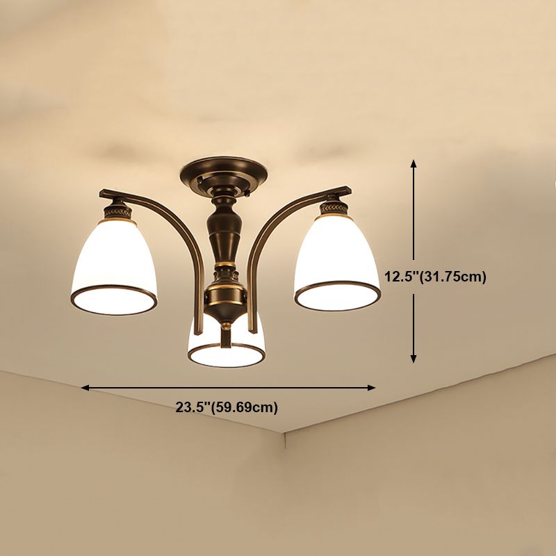 Lampe semi-encastrée en métal noir, éclairage de plafond traditionnel à plusieurs têtes avec abat-jour en verre cloche