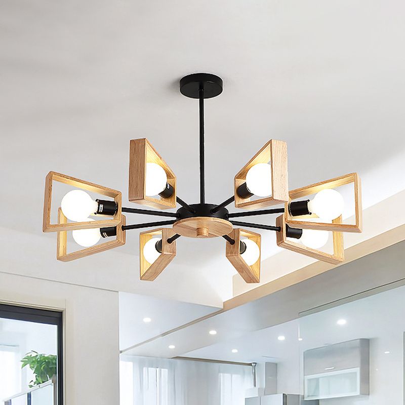 Wood Trapezoid Frame Suspension Lamp Modernist 8-Head Black Ceiling Chandelier with Radial Design