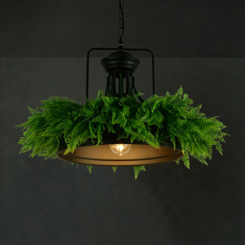 Antique Shaded Pendant Light 1-Light Metallic Hanging Light Fixture with Artificial Plant for Restaurant