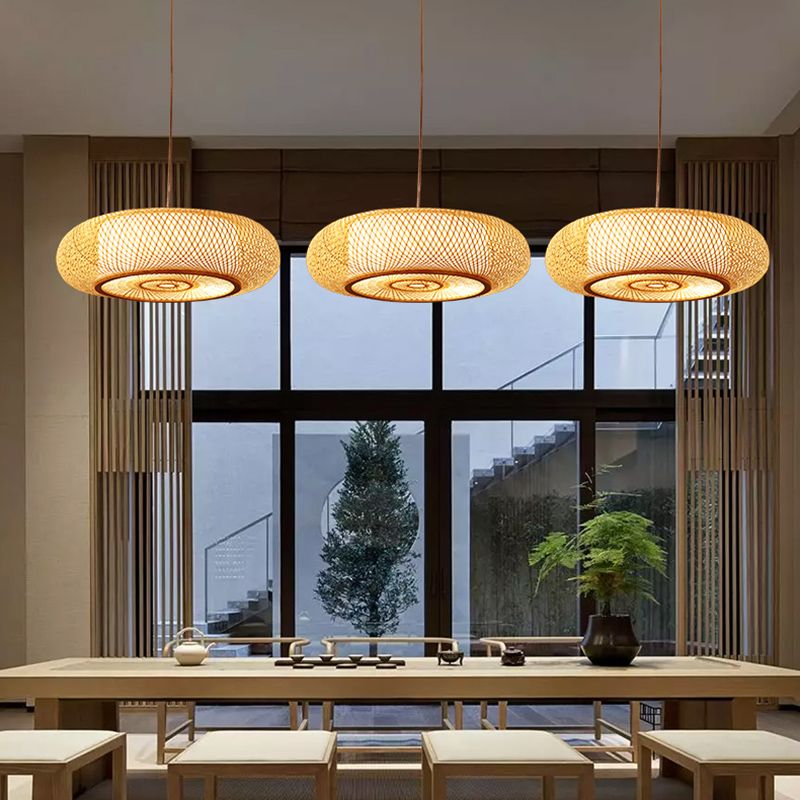 Rounded Drum Bamboo Pendant Lighting Fixture Modern Style Beige Hanging Light Fixture