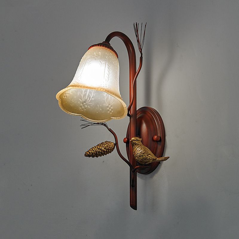 Bell Amber Glass Wall Lampada Country Style Country Style 1/2-Light Sogget Shoom Sconce Stipce With Bird Accent in Copper