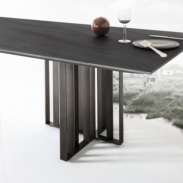 Sintered Stone Modern Dining Table Gray Rectangle Table with Double Pedestal for Home