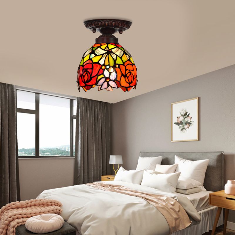 Victorian Domed Ceiling Mounted Light 1 Light Red/Pink/Orange Stained Glass Flushmount for Corridor