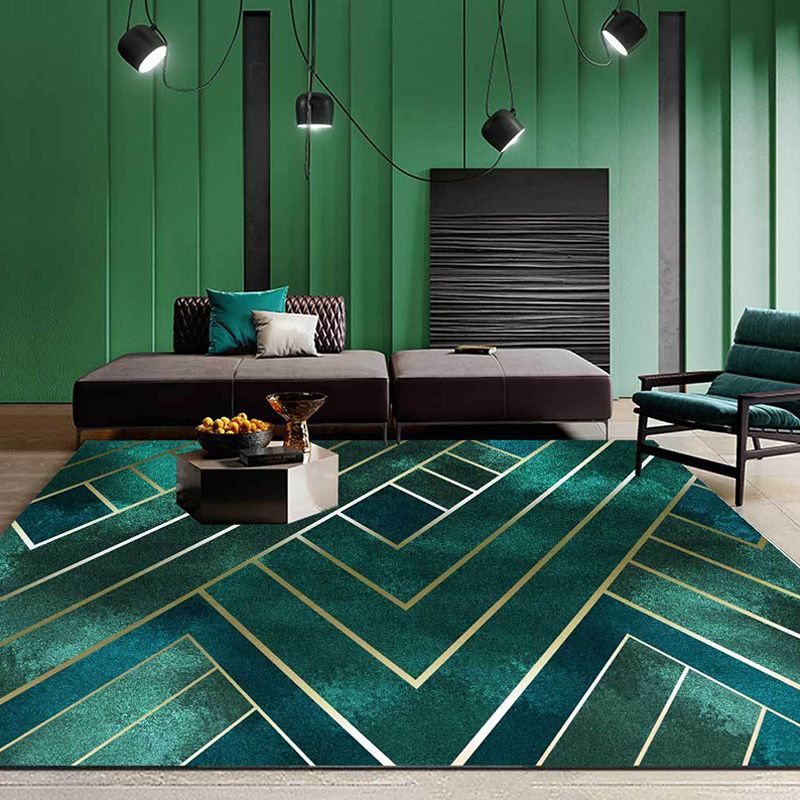 Classic Geometric Pattern Rug Green Contemporary Rug Polyester Washable Anti-Slip Backing Area Rug for Living Room