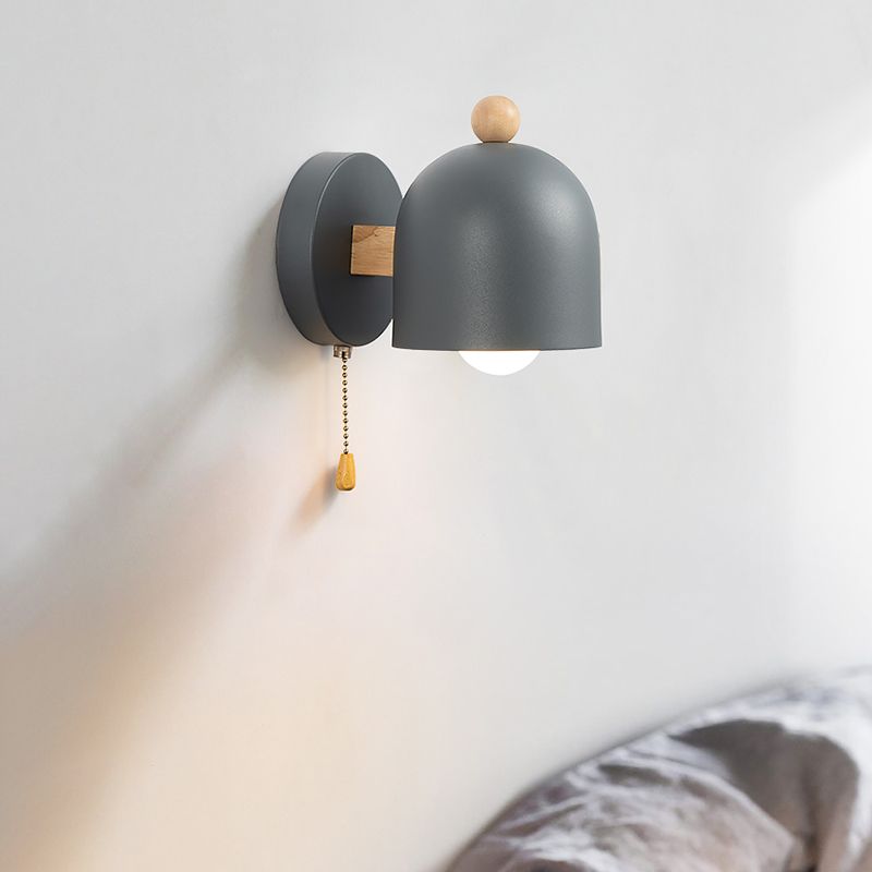 Nordic Small Dome Pull-Chain Wall Lamp Iron 1 Bulb Bedroom Wall Mount Lighting in Grey with Wood Detail
