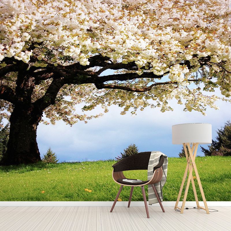 Beige and Green Minimalist Mural Wallpaper Personalized Size Sakura Blossom Wall Decor for Guest Room