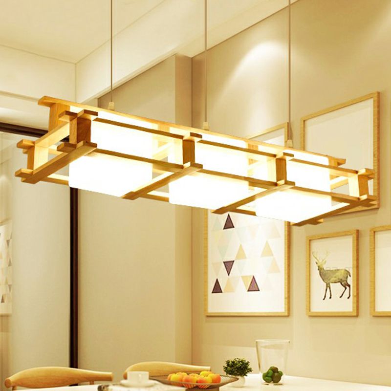 Milk Glass Rectangular Island Light Nordic 3 Lights Beige Suspension Lamp with Wooden Cage