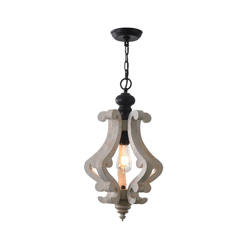 Wood Distressed White Pendant Light Scrolled Frame 1 Bulb Traditional Style Hanging Lamp Kit for Dining Room