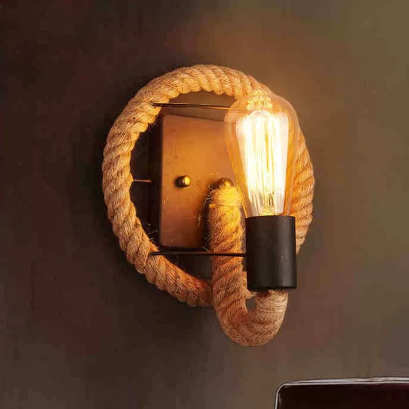 Single Rope Wrapped Wall Lamp Farmhouse Brown Oval/Round Dining Room Wall Mount Light with Exposed Bulb Design