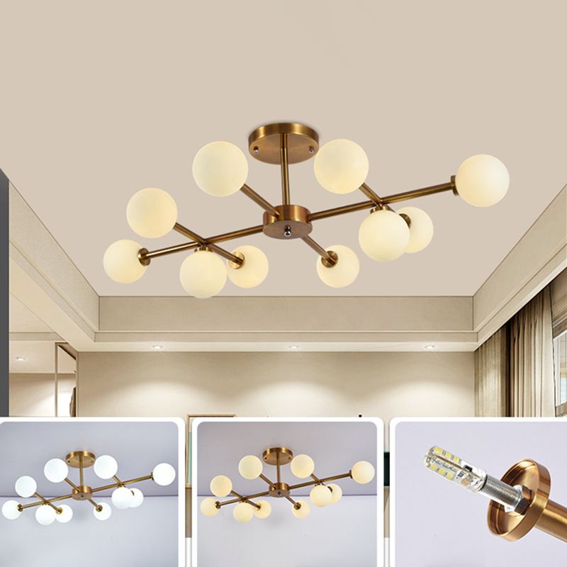 Living Room Semi Flush Light Fixture Minimalist Gold Semi Mount Lighting with Round Glass Shade