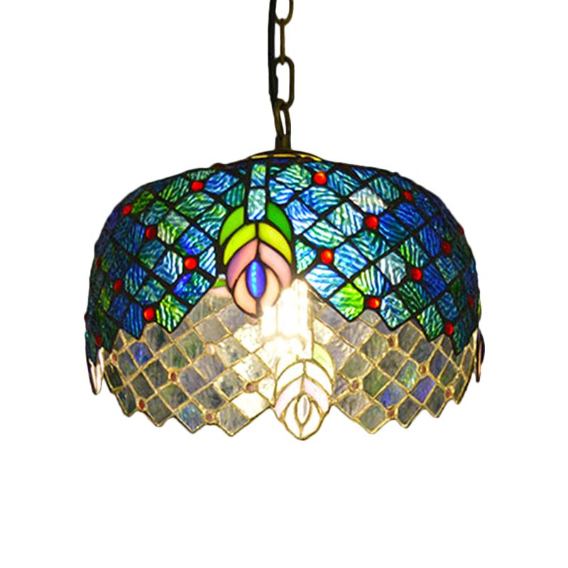 1 leichter Pfaupeacock Tail Hanging Light Kit Mediterrane Blue Cut Glass Anhänger Beleuchtung mit Trommelschatten