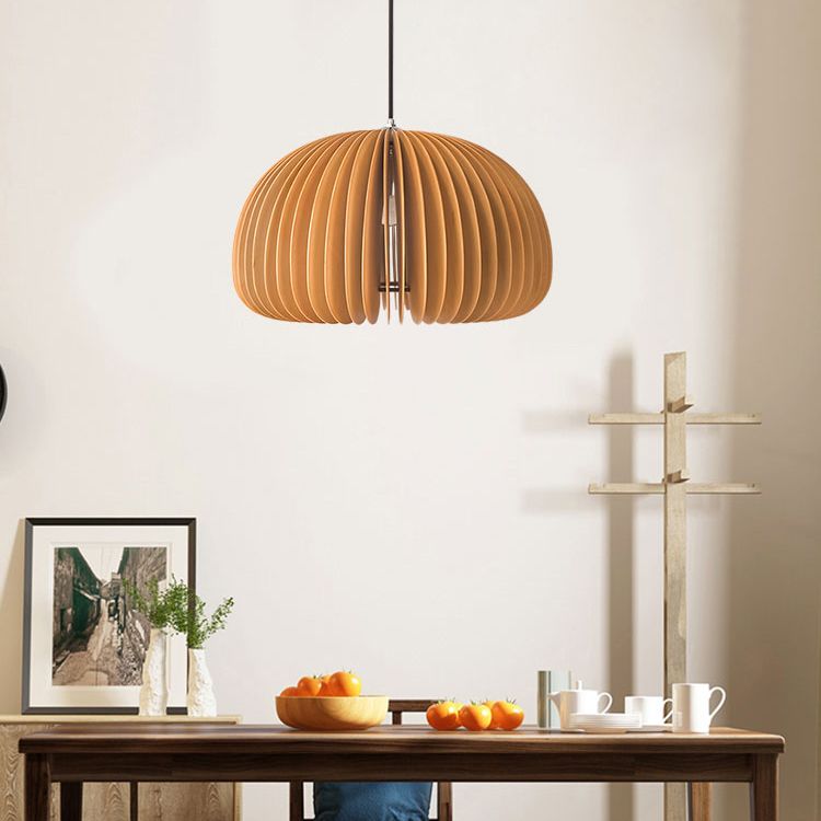Pumpkin Shaped Wooden Hanging Lamp Modern 1-Light Suspension Light Fixture
