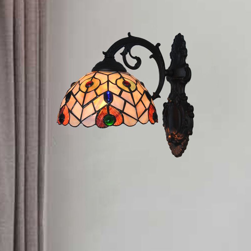 Rustic Loft Dome Wall Sconce Stained Glass 1 Head Wall Mount Light with Curved Arm for Dining Room