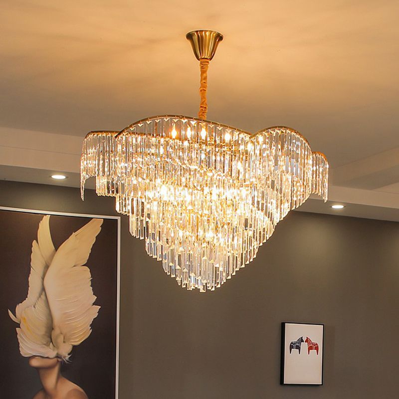 Gold Finish Conical Suspension Light Minimalism Prismatic Crystal Chandelier for Living Room