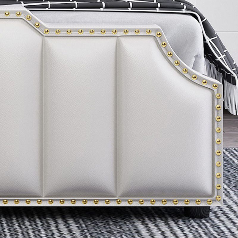 Luxurious Leather Bed Beige Upholstered Bed Frame with Nailhead Trim