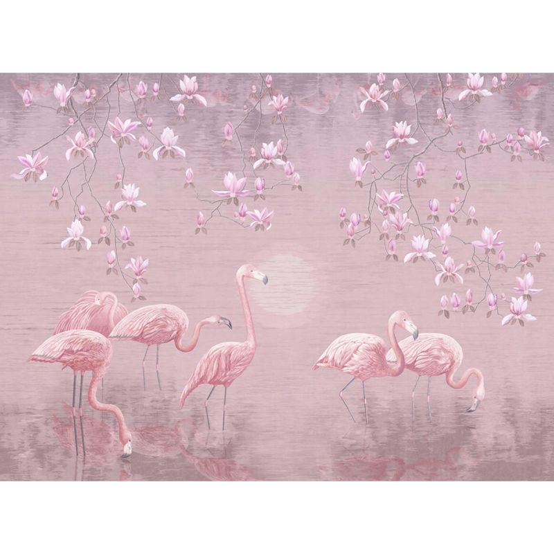 Lotus Pond Flamingo Wall Mural Tropical Non-Woven Material Wall Decor for Bedroom
