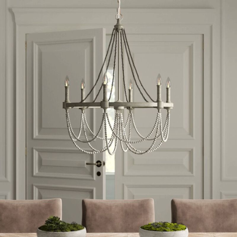 Metallic Candle Chandelier Light Retro Dining Room Pendant Light with Hanging Crystal Bead in Grey