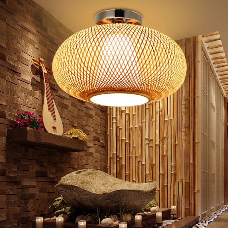 Round Ceiling Mount Light Fixture Asia Bamboo Beige Semi Flush Light