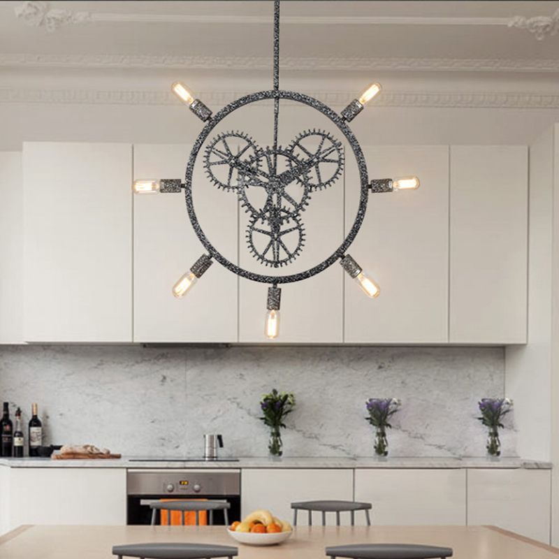 7/8 Bulbs Iron Hanging Chandelier Industrial Black/Silver Gear Wheel Dining Table Suspended Lighting Fixture with Exposed Bulb Design
